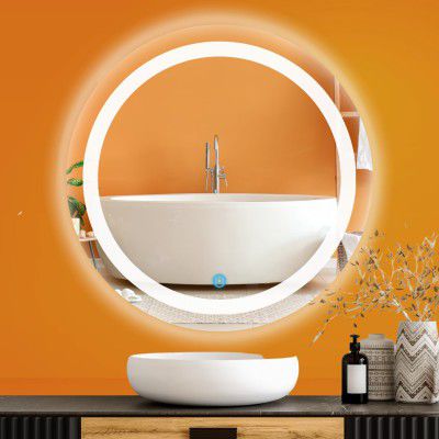 Sain Gobain Led Bathroom Round GlassMirror|Dimmable Lights|Wall-Mounted Vanity Mirror With 3 In 1 Color Led Light|24 X 24 Inches,Clear