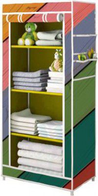 saintwod Single Door 4 Shelf Colorful Wood Print Carbon Steel Collapsible Wardrobe  (Finish Color - Yellow Finish, DIY(Do-It-Yourself))