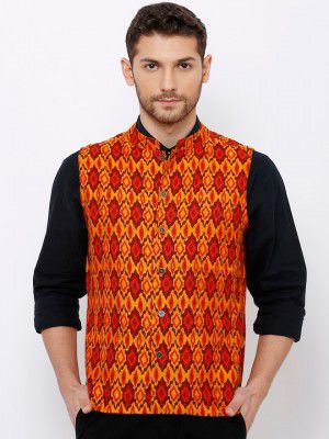 SALWAR STUDIO Men Orange & Yellow Printed Pure Cotton Nehru Jacket