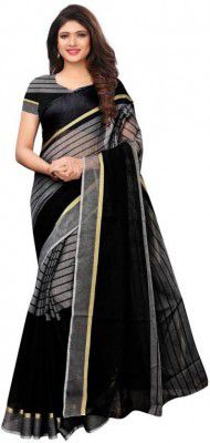 Samah  Striped, Woven Banarasi Cotton Silk Saree  (Black, Grey)