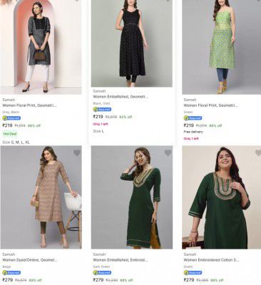 Samah Womens Kurtas Starts at Rs 184| Upto 90% Off
