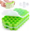 SAMEZONE Flexible Silicone Honeycomb 37 Cavity Ice Cube Trays for Freezer with Lid Silicone Ice Cube ...