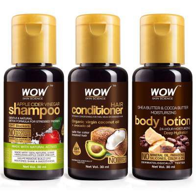 SAMPLER: WOW Skin Science Apple Cider Vinegar Shampoo + Hair Conditioner + Shea & Cocoa Butter Body Lotion - Net Vol - 90 ml
