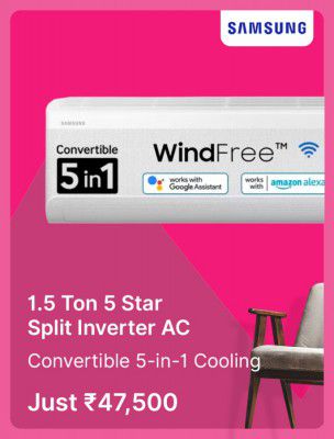  SAMSUNG 1.5 Ton 5 Star Split Inverter Air Conditioner @ ₹ 47500 in Flipkart Big Billion Days Sale 