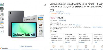 Samsung Galaxy Tab A118.7" TFT LCD Display4 GB RAM, 64 GB Storage