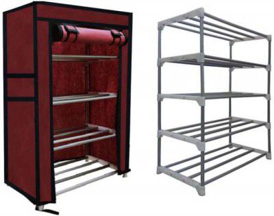 SANAMSTORE Metal Collapsible Shoe Stand (Maroon , 4Shelves, Metal Collapsible Shoe Stand  (Maroon, 4 Shelves, DIY(Do-It-Yourself))