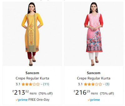 Sancom Crepe Regular Kurta Min. 75% off | Starts ₹199
