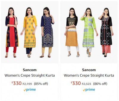 Sancom Womens Crepe Straight Kurta upto 89% off | Starts ₹131