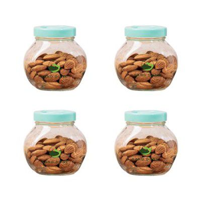 SAND DUNE Set of 4, 200 ml Each Storage Glass Jar Green Plastic Cap, Transparent | BPA Free |Aachar Pickle, Dry Fruits, Masala, Spices, and dals.