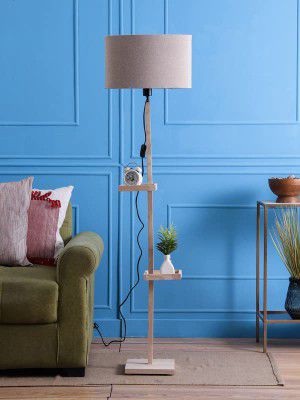 SANDED EDGE - SMARTLY PRICED Miller Double Shelf Floor Lamp in Solid Wood with Natural Wood Color Base and Black Color Shade for Home Décor and Living Room -Pack of 1