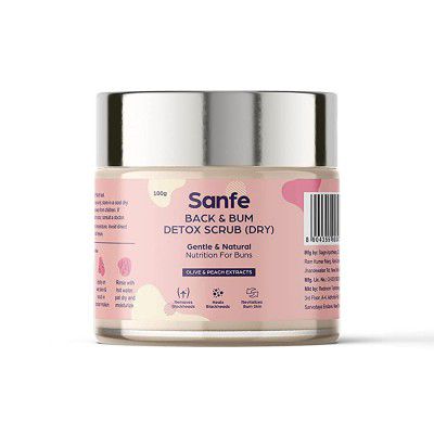 Sanfe Back & Bum Detox Scrub (Dry) With Peach Extracts & Olive Oil - 100gm Removes Dead Skin and Tanning Smoothening Skin