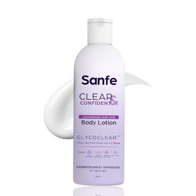 Sanfe Clear & Confident Glycolic Acid Body Lotion | Daily AHA Exfoliation for Rough & Bumpy Skin, Tan, Acne & Strawberry Skin | 200ml