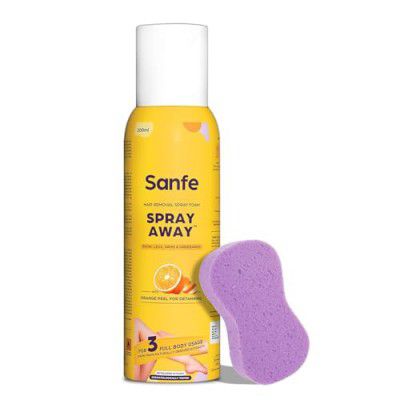 Sanfe Painless & Detan Hair Removal Spray Cream - 200 ml | For Chest, Legs, Arms & UnderArm | Removes Hair in 10 Minutes with Skin Detan | Orange Peel, Aloevera, Vitamin E & Niacinamide
