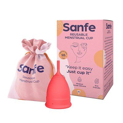 Sanfe Reusable Menstrual Cup for Women Medium Size with Pouch No Leakage & Odor Protection | Rash Free | For Up to 8-10 Hours Protection | Made From Best Silicone Period Cup for Women | FDA Approved