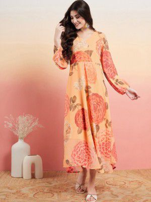 Sangria Floral Printed V-Neck Puff Sleeves Fit & Flared Ethnic Dresses