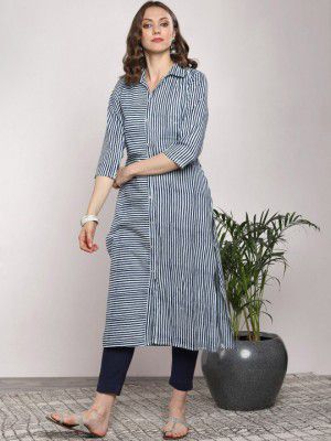 Sangria Women White & Navy Blue Pure Cotton Striped Straight Kurta