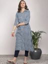 Sangria Women White & Navy Blue Pure Cotton Striped Straight Kurta...