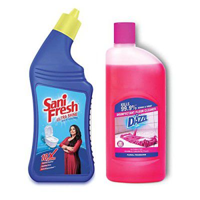 Sanifresh Advanced Liquid Toilet Cleaner - 1L with Odonil Blocks 48g + Dazzl Floor Cleaner - 975ml| Advanced Thicker Formulation | Removes Toughest Stains | Long Lasting Fragrance