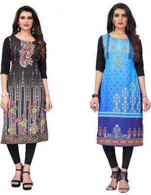 Sanskruti Fashion Pack of 2 Women Printed Crepe A-line Kurta (Black, Blue)