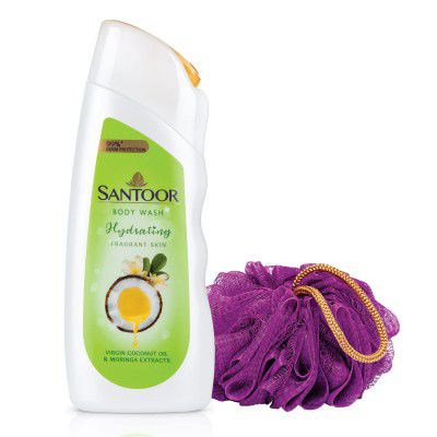 Santoor Hydrating Skin Body Wash, Virgin Coconut Oil & Moringa Extracts, Soap-Free, Paraben-Free, pH Balanced Shower Gel (230 ml) with Loofah