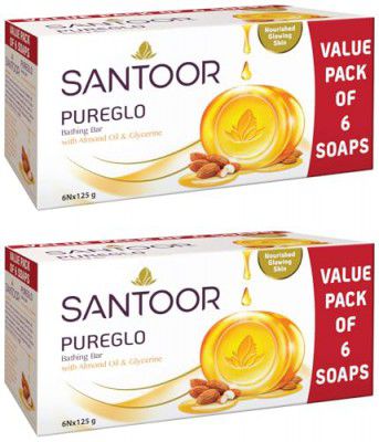 Santoor PureGlo Glycerine Bath Soap with Almond Oil, Combo Offer 125g Pack of 12