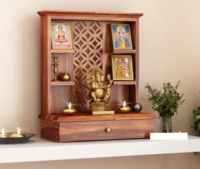Santosha Decor Wall Mounted, Free Stand, Pooja, Mandir, Sheesham (Rosewood) Solid Wood Home Temple (Brown)