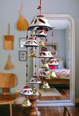 SanwariyaArt Decor Rajasthani Painting Design 7 Bells Decorative Hanging Wind Chimes for Indoor and Outdoor (White)