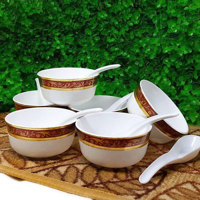 Sarthak Uphaar Plastic Floral Microwave Safe Soup Bowl - Set of 12 Pieces (6 Bowl, 6 Spoon , White Tulip Border)
