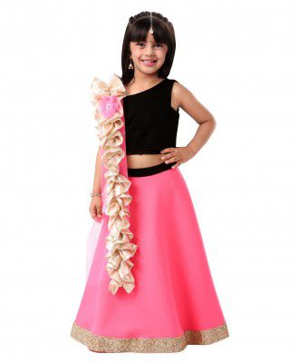 Sashay Boutique Girls Readymade Velvet Choli and Lehenga with Net Frill Dupatta Set