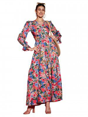 SASSAFRAS Women's Poly Crepe Fit and Flare Ankle Length Casual Dress