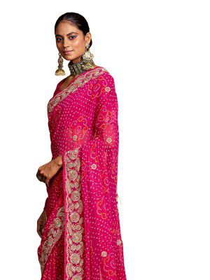 Satrani Women'S Georgette Embroidery Bandhani Printed Saree With Unstitched Blouse Piece