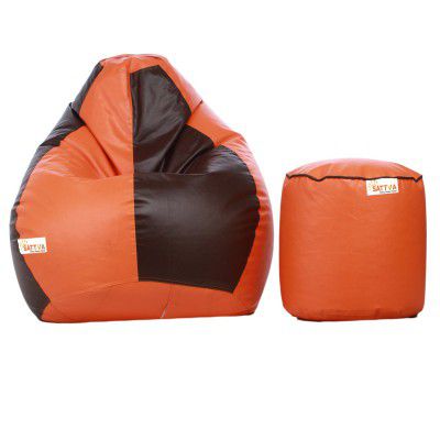 Sattva Combo Classic XXL Bean Bag Cover and Round Footstool Cover (Without Beans) - Orange with Brown Piping
