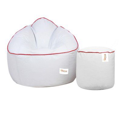 Sattva Combo Muddha Bean Bag Cover and Round Footstool Cover (Without Beans) - (White with Red Piping)
