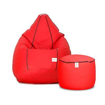 SATTVA Faux Leather XXXL Classic Filled Bean Bag with Footrest Combo (with Beans) (Red with Black Piping)