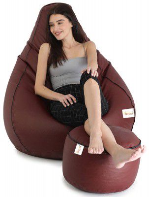 SATTVA Faux Leather XXXL Classic Filled Bean Bag with Footrest Combo (with Beans) (Tan with Black Piping)