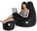 SATTVA Faux Leather XXXL Classic Filled Bean Bag with Footrest Combo (with Beans) (Black with Royal Blue Piping)...