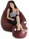 SATTVA Faux Leather XXXL Classic Filled Bean Bag with Footrest Combo (with Beans) (Tan with Black Piping)...