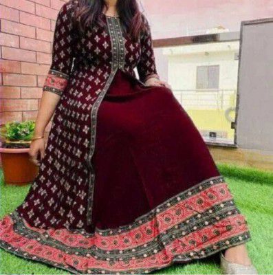 SATVEER FASHION  Printed Rayon Blend Stitched Anarkali Gown  (Maroon)