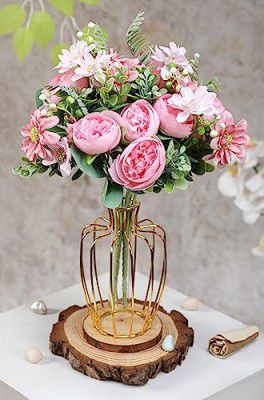 SATYAM KRAFT 1 Pcs Artificial Peony Rose Flower Bunch for Home, Office, Bedroom, Balcony,Table Display, Wedding Decoration (Without Vase Pot) (Pink)