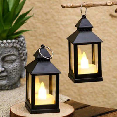 Satyam Kraft 2 Pcs Small Flameless and Smokeless Acrylic Antique LED Lantern Hurricane Lamp (Pack of 2)