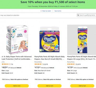 Amazon: Save 10% when you buy ₹1,500 of select items