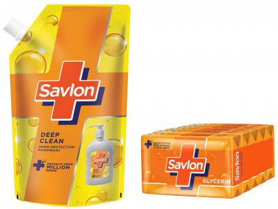 Savlon Deep Clean Germ Protection Liquid Handwash Refill Pouch, 725ml & Savlon Moisturizing Glycerin soap bar with germ protection, Pack of 5-125g each