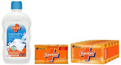 Savlon Laundry Disinfectant & Refreshing Liquid 500ml & Moisturizing Glycerin soap bar, Pack of 5-125g each & Glycerine Soap, 125g (Buy 3 Get 1 Free)