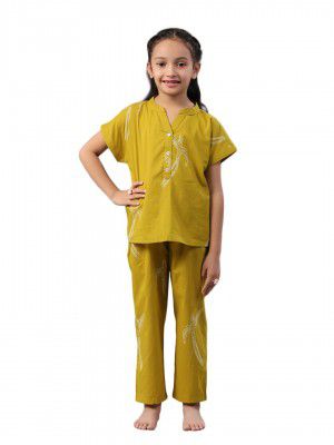 SAY Kids Night Suit for Girls, Pure Cotton Yellow Color Regular Fit, Animal Printed, Round Neck, Night Suit for Kids,