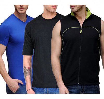 Scott International Combo of V-Neck T-Shirt, Sleeveless Jacket and Round Neck T-Shirt (Pack of 3)