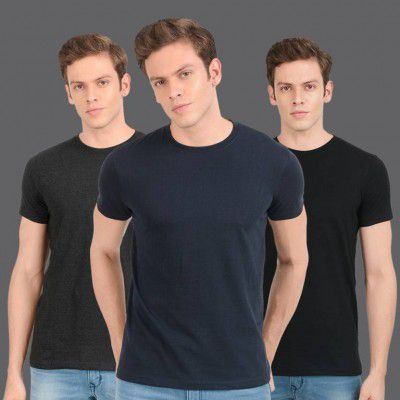 SCOTT INTERNATIONAL Pack of 3 Men Solid Round Neck Blue, Black, Grey T-Shirt