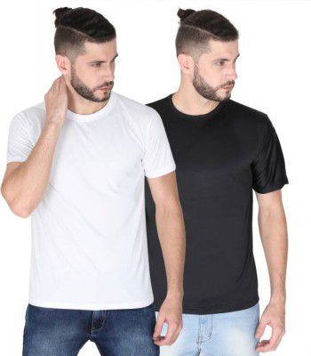 Scottish Solid Round Neck Polyester White, Black T-Shirt