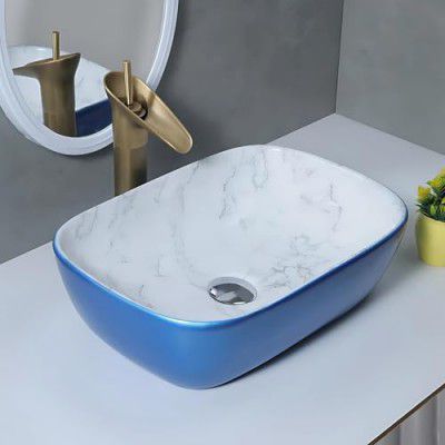 SEA SHORE Premium Designer Ceramic Tabletop Wash Basin, Slim Rim Vessel Sink for Bathroom & Living Room (46.5x32.5x13 CM, Blue & White)