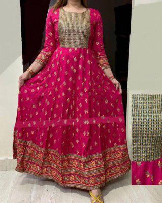 SEAKART  Women Printed Viscose Rayon Anarkali Kurta  (Pink)