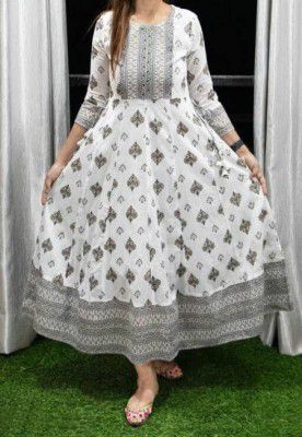 SEAKART Women Printed Viscose Rayon Anarkali Kurta  (White)